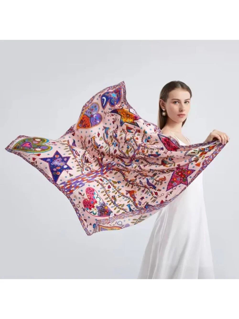 New Square Scarf Silk Satin Printed Pink Tree Birds Heart Whimsical Novelty